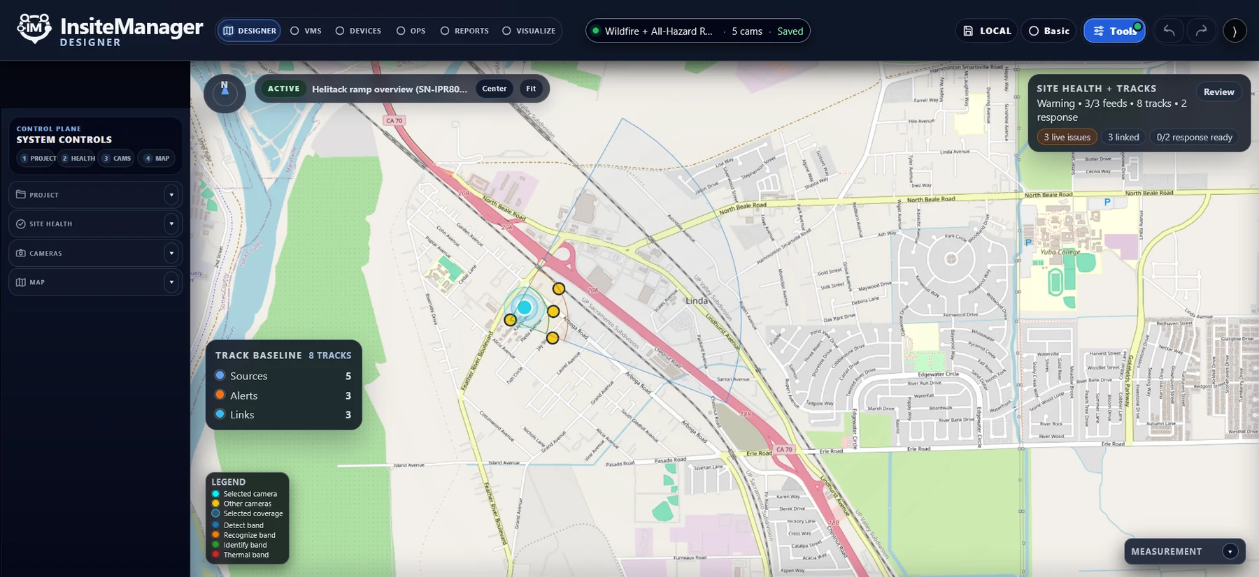 InsiteManager dark-theme Designer interface with camera planning controls, site-health context, and map coverage overlays