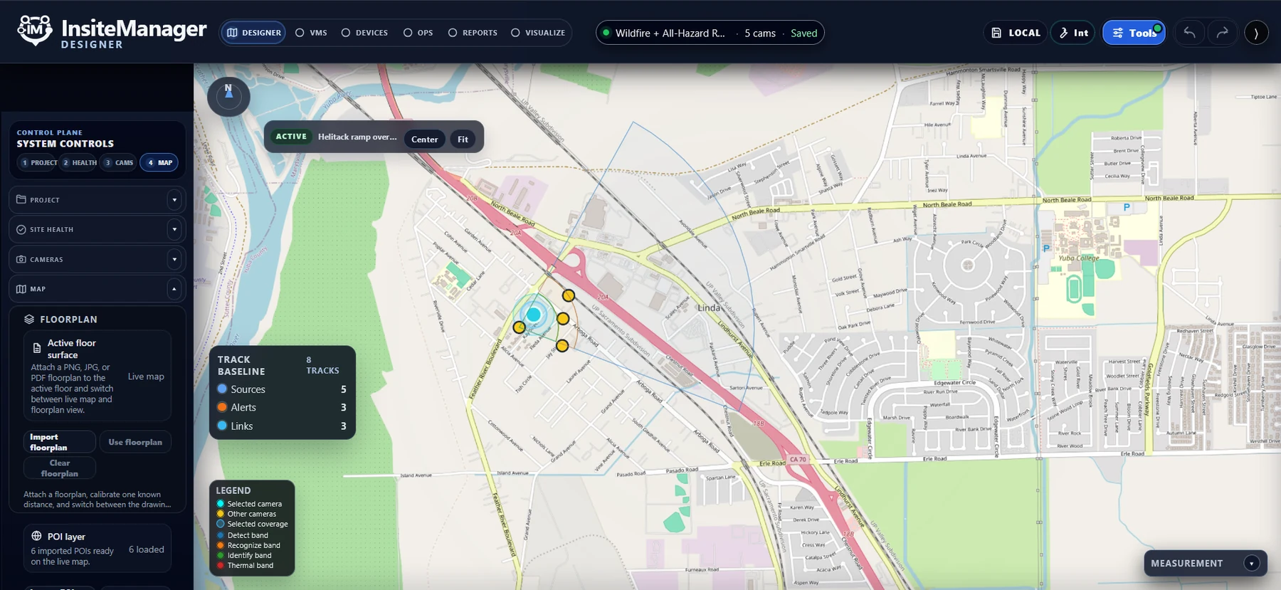 Designer floorplan workflow with imported layers, camera context, and measurement tools
