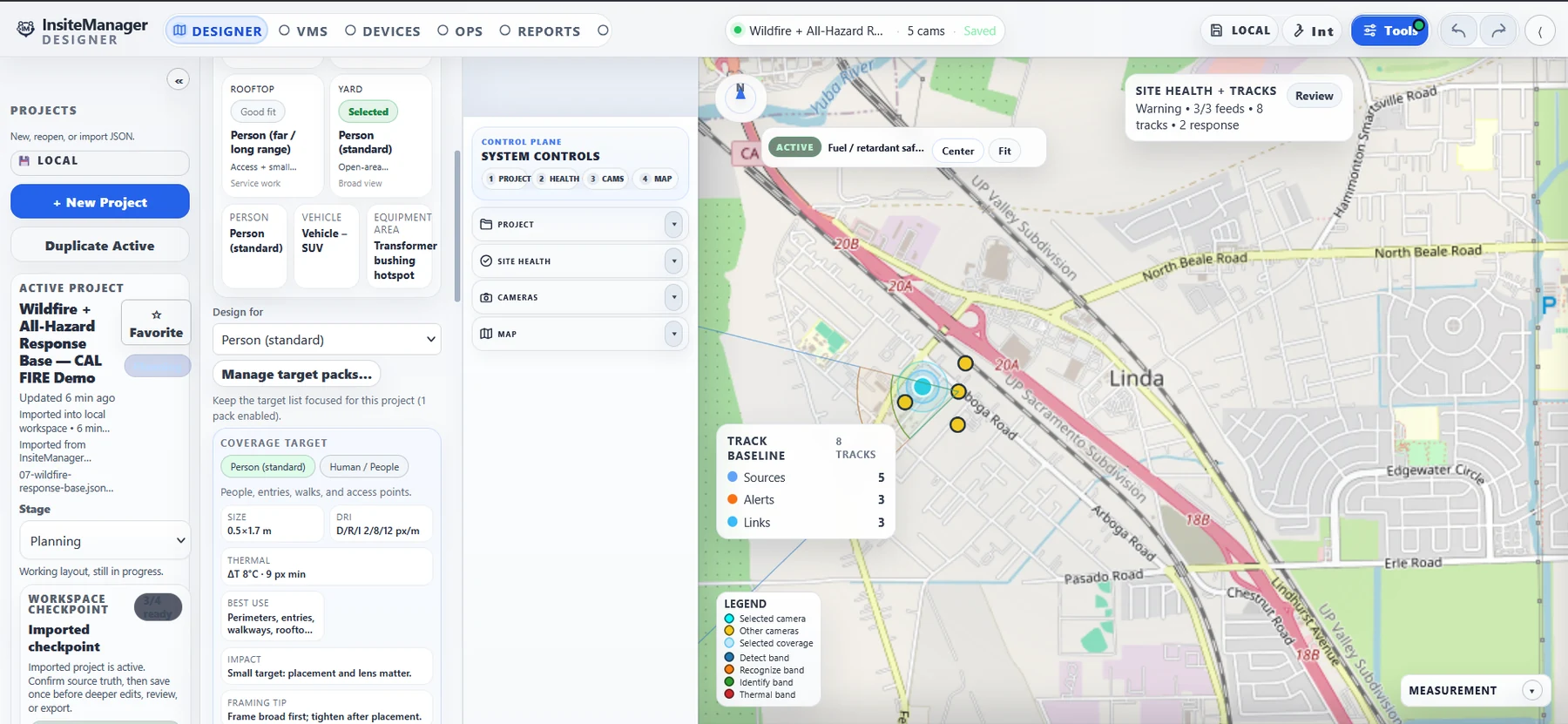 InsiteManager Designer workspace showing projects, target packs, control plane system controls, map planning, camera coverage, and measurement tools