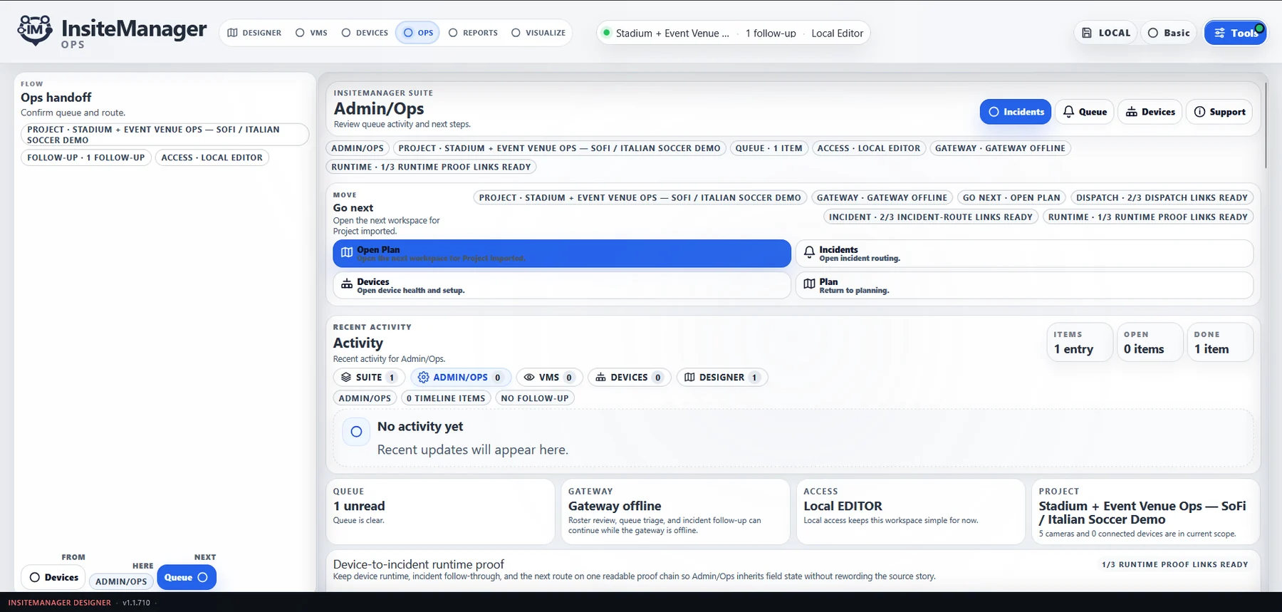 InsiteManager Admin and Operations screen showing queue and activity workflows