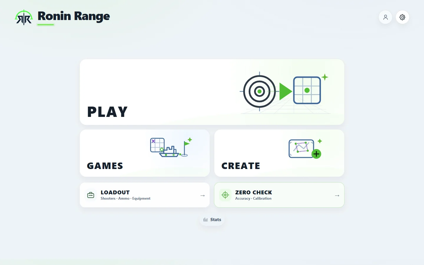 Ronin Range home screen showing Play, Games, Create, Loadout, and Zero Check