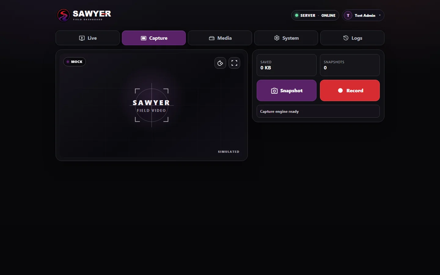 Sawyer capture screen with live preview, Snapshot and Record controls, and navigation for Live, Media, System, and Logs