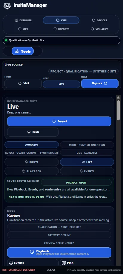 InsiteManager VMS live readiness workflow on a phone layout