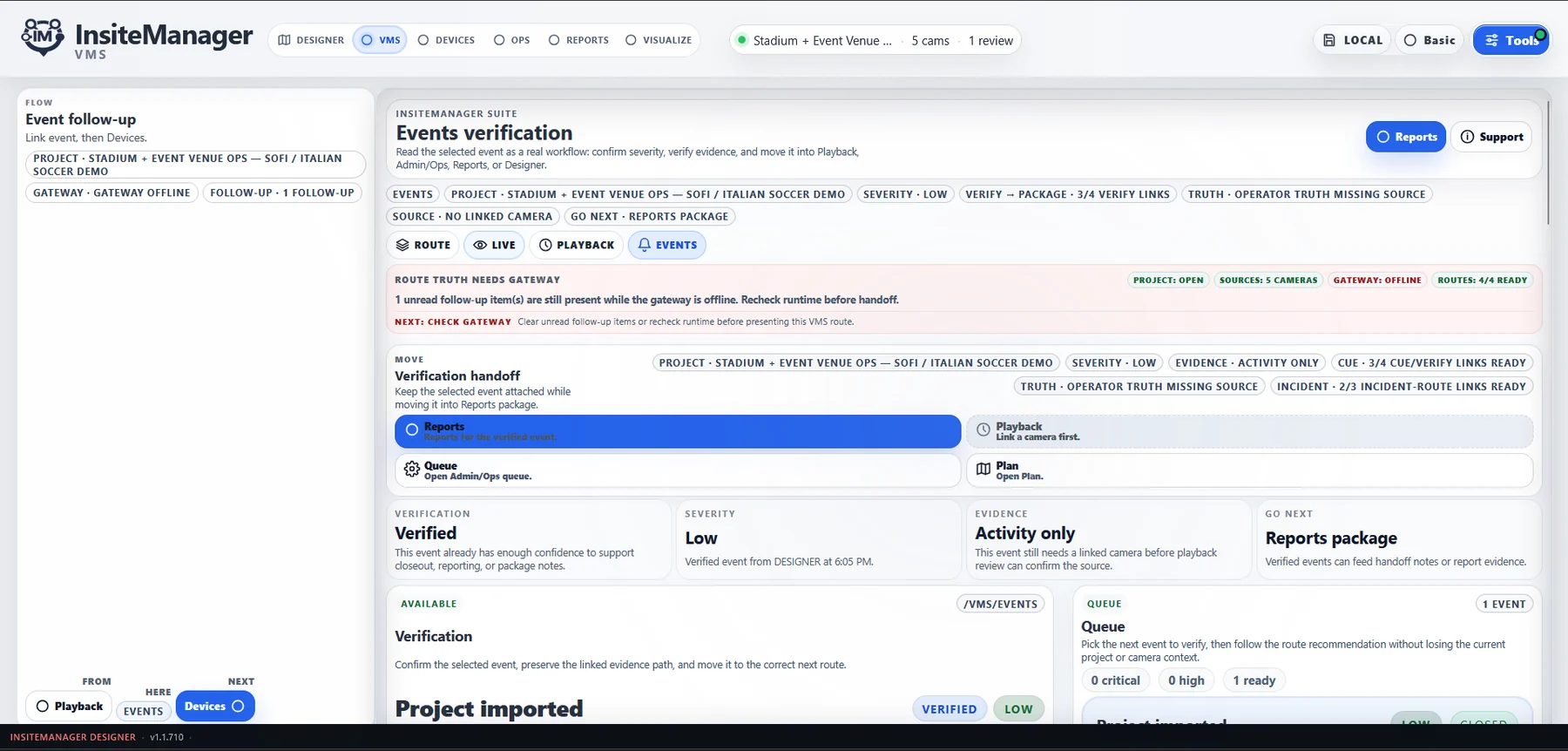 InsiteManager VMS verification screen with event verification workflow and project context